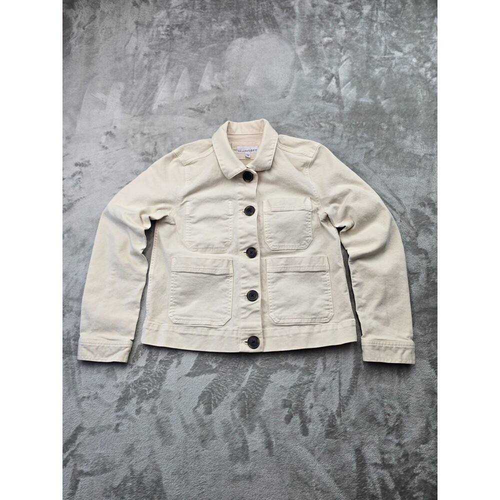 Loft Trucker Jacket Womens XS White Denim Button Front Retro Utility Pockets